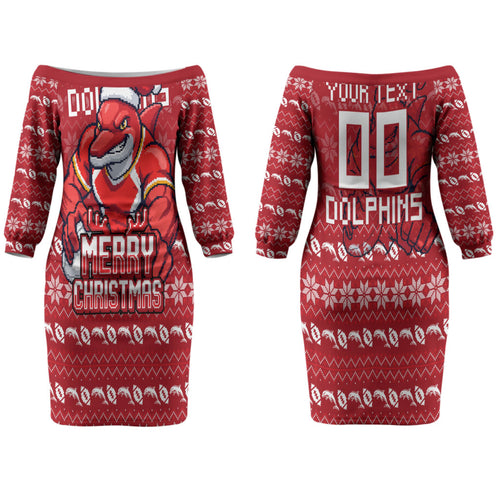 Personalized Dolphins Christmas Couples Matching Off The Shoulder Long Sleeve Dress and Hawaiian Shirt Australian Rugby Fans - Pixelated Ugly Xmas Pattern Mascot Santa