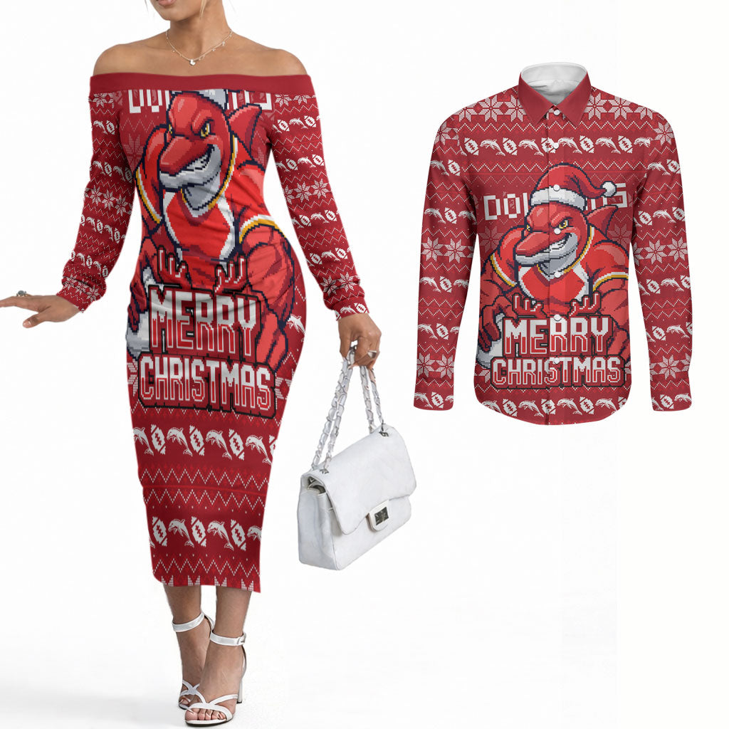 Personalized Dolphins Christmas Couples Matching Off The Shoulder Long Sleeve Dress and Long Sleeve Button Shirt Australian Rugby Fans - Pixelated Ugly Xmas Pattern Mascot Santa