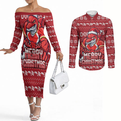 Personalized Dolphins Christmas Couples Matching Off The Shoulder Long Sleeve Dress and Long Sleeve Button Shirt Australian Rugby Fans - Pixelated Ugly Xmas Pattern Mascot Santa