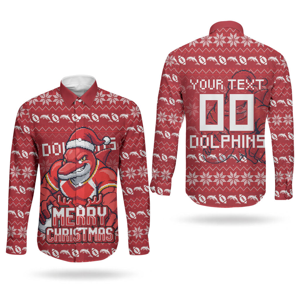 Personalized Dolphins Christmas Couples Matching Off The Shoulder Long Sleeve Dress and Long Sleeve Button Shirt Australian Rugby Fans - Pixelated Ugly Xmas Pattern Mascot Santa