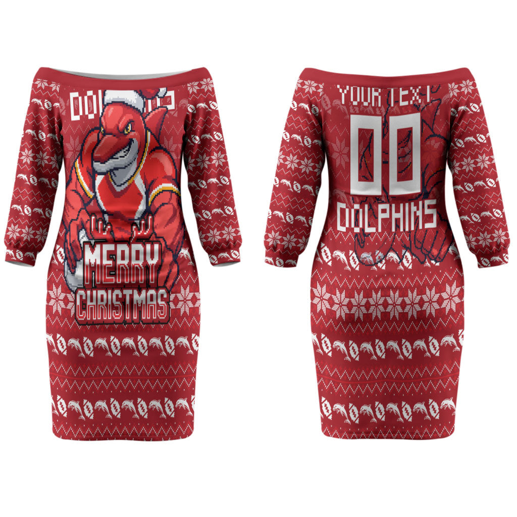 Personalized Dolphins Christmas Couples Matching Off The Shoulder Long Sleeve Dress and Long Sleeve Button Shirt Australian Rugby Fans - Pixelated Ugly Xmas Pattern Mascot Santa