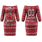 Personalized Dolphins Christmas Couples Matching Off The Shoulder Long Sleeve Dress and Long Sleeve Button Shirt Australian Rugby Fans - Pixelated Ugly Xmas Pattern Mascot Santa