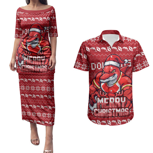 Personalized Dolphins Christmas Couples Matching Puletasi and Hawaiian Shirt Australian Rugby Fans - Pixelated Ugly Xmas Pattern Mascot Santa