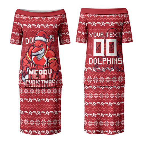 Personalized Dolphins Christmas Couples Matching Puletasi and Hawaiian Shirt Australian Rugby Fans - Pixelated Ugly Xmas Pattern Mascot Santa