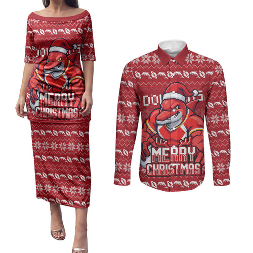 Personalized Dolphins Christmas Couples Matching Puletasi and Long Sleeve Button Shirt Australian Rugby Fans - Pixelated Ugly Xmas Pattern Mascot Santa