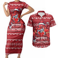 Personalized Dolphins Christmas Couples Matching Short Sleeve Bodycon Dress and Hawaiian Shirt Australian Rugby Fans - Pixelated Ugly Xmas Pattern Mascot Santa