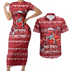Personalized Dolphins Christmas Couples Matching Short Sleeve Bodycon Dress and Hawaiian Shirt Australian Rugby Fans - Pixelated Ugly Xmas Pattern Mascot Santa