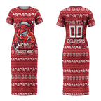 Personalized Dolphins Christmas Couples Matching Short Sleeve Bodycon Dress and Hawaiian Shirt Australian Rugby Fans - Pixelated Ugly Xmas Pattern Mascot Santa