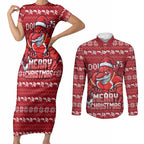 Personalized Dolphins Christmas Couples Matching Short Sleeve Bodycon Dress and Long Sleeve Button Shirt Australian Rugby Fans - Pixelated Ugly Xmas Pattern Mascot Santa