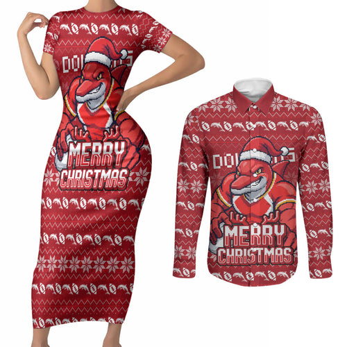 Personalized Dolphins Christmas Couples Matching Short Sleeve Bodycon Dress and Long Sleeve Button Shirt Australian Rugby Fans - Pixelated Ugly Xmas Pattern Mascot Santa