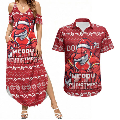 Personalized Dolphins Christmas Couples Matching Summer Maxi Dress and Hawaiian Shirt Australian Rugby Fans - Pixelated Ugly Xmas Pattern Mascot Santa