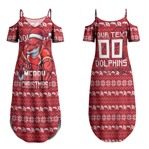 Personalized Dolphins Christmas Couples Matching Summer Maxi Dress and Hawaiian Shirt Australian Rugby Fans - Pixelated Ugly Xmas Pattern Mascot Santa