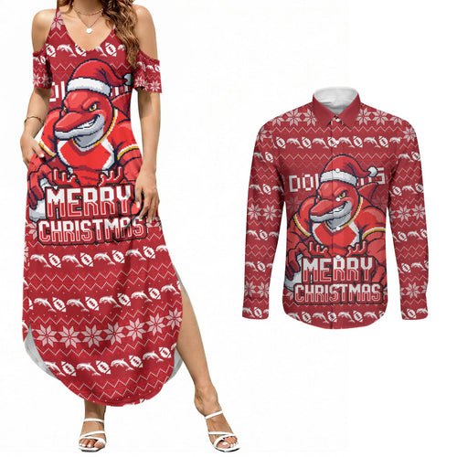 Personalized Dolphins Christmas Couples Matching Summer Maxi Dress and Long Sleeve Button Shirt Australian Rugby Fans - Pixelated Ugly Xmas Pattern Mascot Santa
