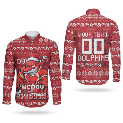 Personalized Dolphins Christmas Couples Matching Summer Maxi Dress and Long Sleeve Button Shirt Australian Rugby Fans - Pixelated Ugly Xmas Pattern Mascot Santa