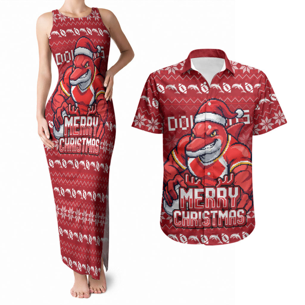 Personalized Dolphins Christmas Couples Matching Tank Maxi Dress and Hawaiian Shirt Australian Rugby Fans - Pixelated Ugly Xmas Pattern Mascot Santa