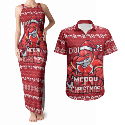Personalized Dolphins Christmas Couples Matching Tank Maxi Dress and Hawaiian Shirt Australian Rugby Fans - Pixelated Ugly Xmas Pattern Mascot Santa