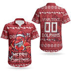 Personalized Dolphins Christmas Couples Matching Tank Maxi Dress and Hawaiian Shirt Australian Rugby Fans - Pixelated Ugly Xmas Pattern Mascot Santa