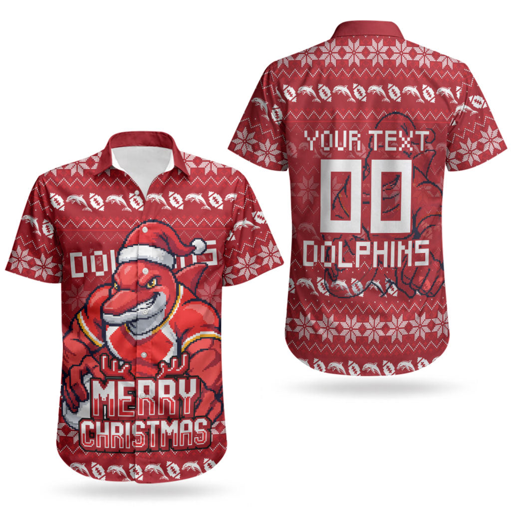 Personalized Dolphins Christmas Couples Matching Tank Maxi Dress and Hawaiian Shirt Australian Rugby Fans - Pixelated Ugly Xmas Pattern Mascot Santa