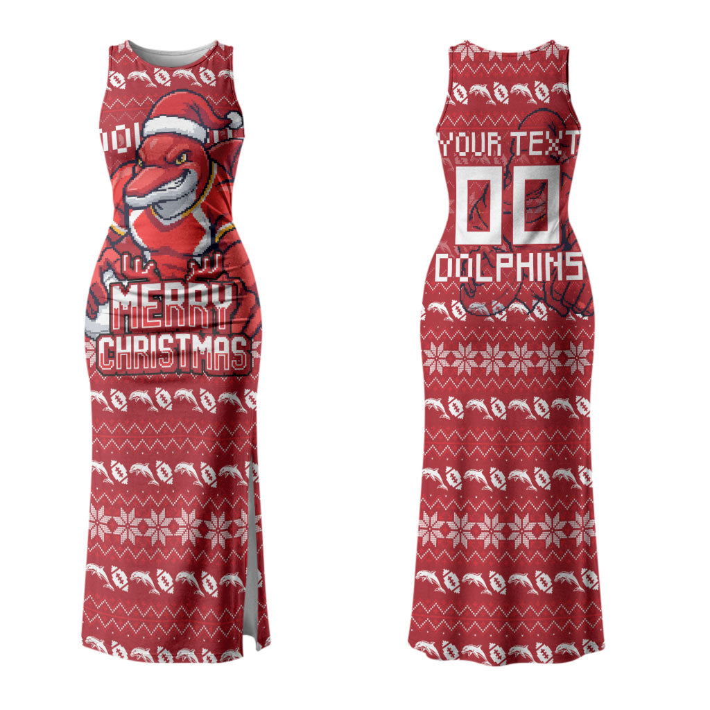 Personalized Dolphins Christmas Couples Matching Tank Maxi Dress and Hawaiian Shirt Australian Rugby Fans - Pixelated Ugly Xmas Pattern Mascot Santa