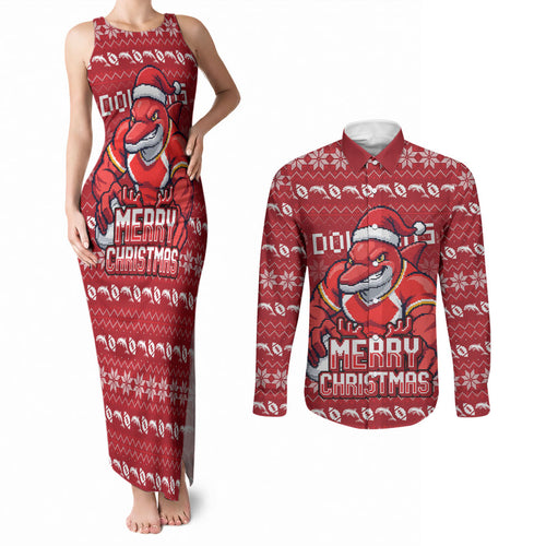 Personalized Dolphins Christmas Couples Matching Tank Maxi Dress and Long Sleeve Button Shirt Australian Rugby Fans - Pixelated Ugly Xmas Pattern Mascot Santa