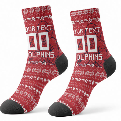 Personalized Dolphins Christmas Crew Socks Australian Rugby Fans - Pixelated Ugly Xmas Pattern Mascot Santa