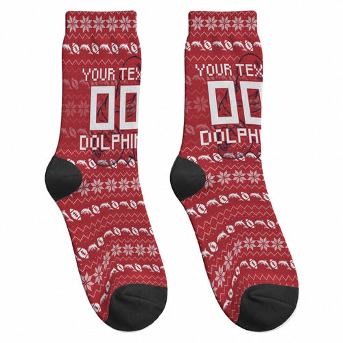 Personalized Dolphins Christmas Crew Socks Australian Rugby Fans - Pixelated Ugly Xmas Pattern Mascot Santa