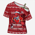 Personalized Dolphins Christmas Cross Shoulder Shirt Australian Rugby Fans - Pixelated Ugly Xmas Pattern Mascot Santa
