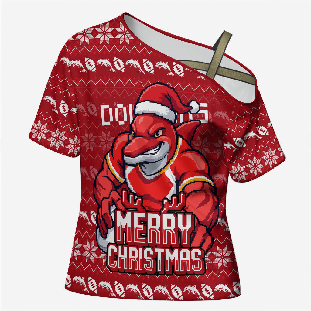 Personalized Dolphins Christmas Cross Shoulder Shirt Australian Rugby Fans - Pixelated Ugly Xmas Pattern Mascot Santa