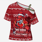 Personalized Dolphins Christmas Cross Shoulder Shirt Australian Rugby Fans - Pixelated Ugly Xmas Pattern Mascot Santa