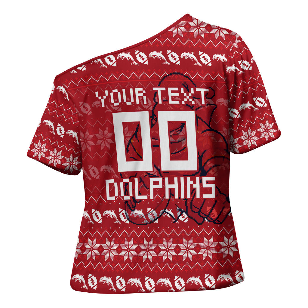 Personalized Dolphins Christmas Cross Shoulder Shirt Australian Rugby Fans - Pixelated Ugly Xmas Pattern Mascot Santa