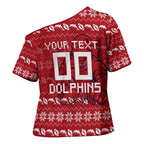Personalized Dolphins Christmas Cross Shoulder Shirt Australian Rugby Fans - Pixelated Ugly Xmas Pattern Mascot Santa