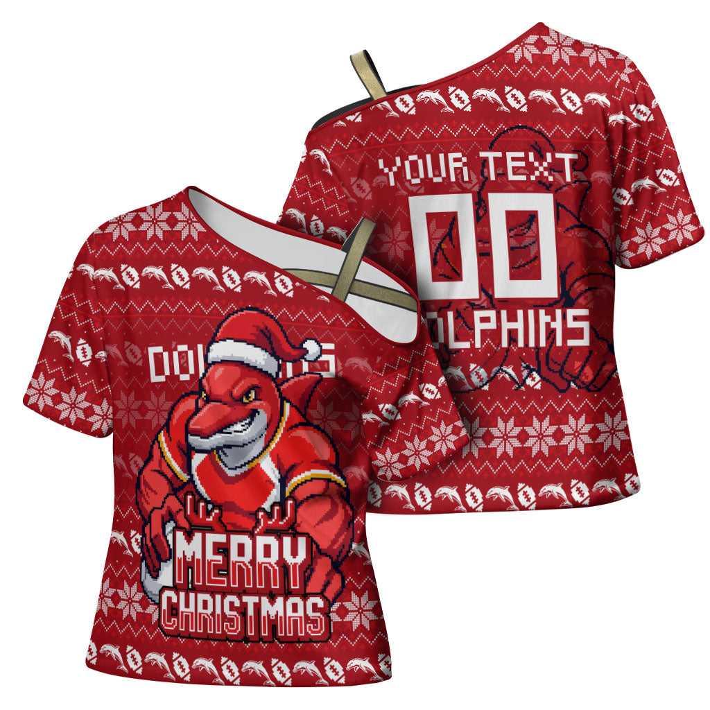 Personalized Dolphins Christmas Cross Shoulder Shirt Australian Rugby Fans - Pixelated Ugly Xmas Pattern Mascot Santa