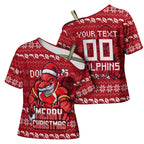 Personalized Dolphins Christmas Cross Shoulder Shirt Australian Rugby Fans - Pixelated Ugly Xmas Pattern Mascot Santa