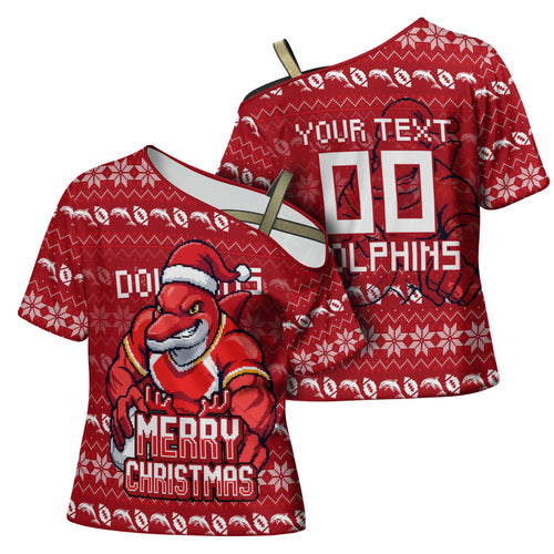 Personalized Dolphins Christmas Cross Shoulder Shirt Australian Rugby Fans - Pixelated Ugly Xmas Pattern Mascot Santa