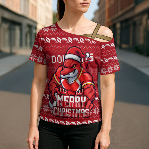 Personalized Dolphins Christmas Cross Shoulder Shirt Australian Rugby Fans - Pixelated Ugly Xmas Pattern Mascot Santa