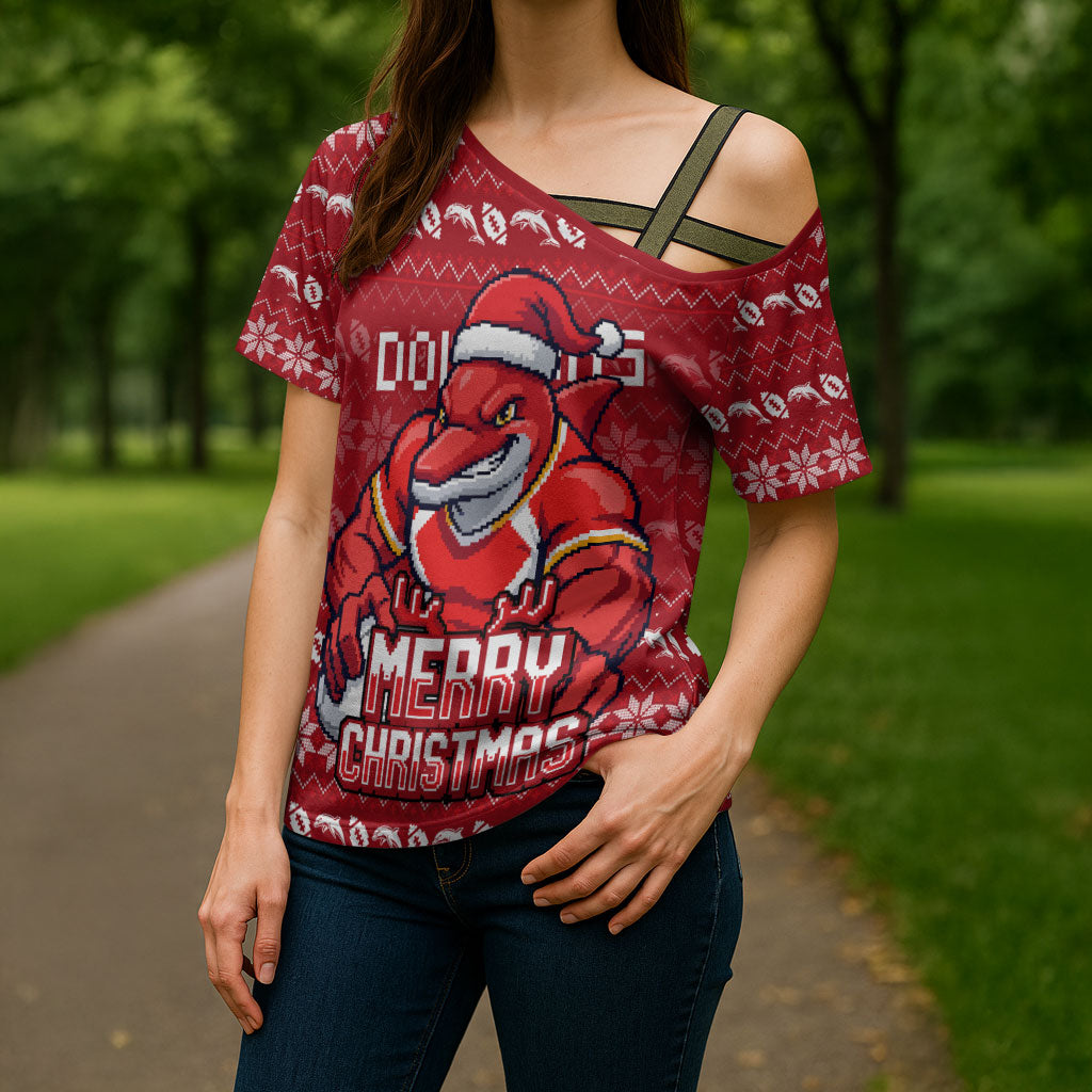 Personalized Dolphins Christmas Cross Shoulder Shirt Australian Rugby Fans - Pixelated Ugly Xmas Pattern Mascot Santa