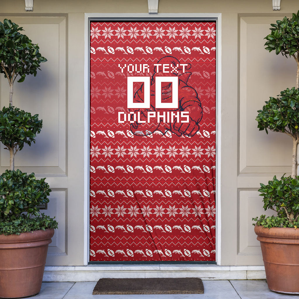 Personalized Dolphins Christmas Door Cover Australian Rugby Fans - Pixelated Ugly Xmas Pattern Mascot Santa