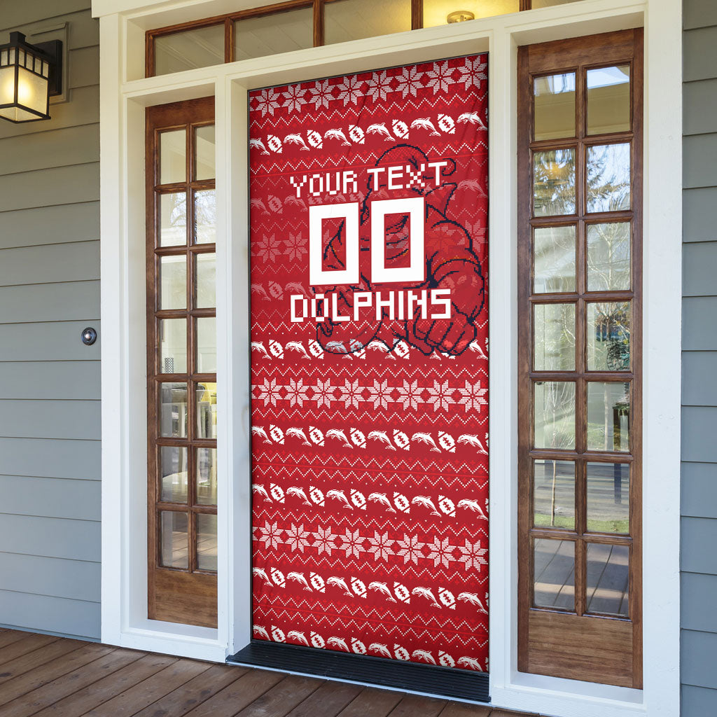 Personalized Dolphins Christmas Door Cover Australian Rugby Fans - Pixelated Ugly Xmas Pattern Mascot Santa