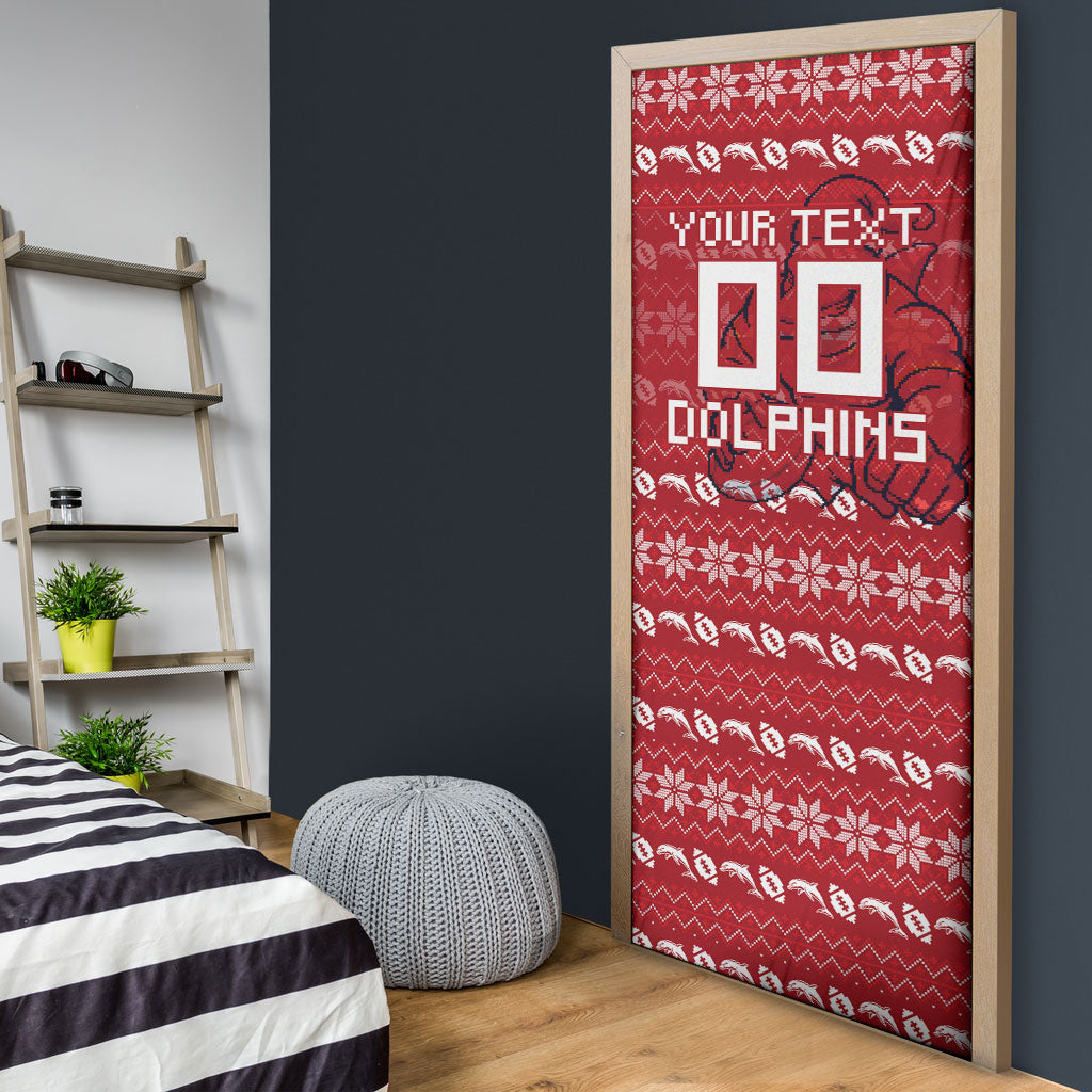 Personalized Dolphins Christmas Door Cover Australian Rugby Fans - Pixelated Ugly Xmas Pattern Mascot Santa