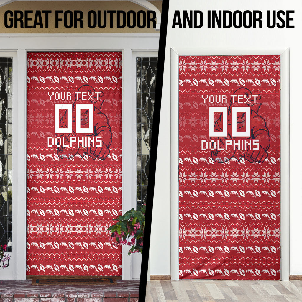 Personalized Dolphins Christmas Door Cover Australian Rugby Fans - Pixelated Ugly Xmas Pattern Mascot Santa