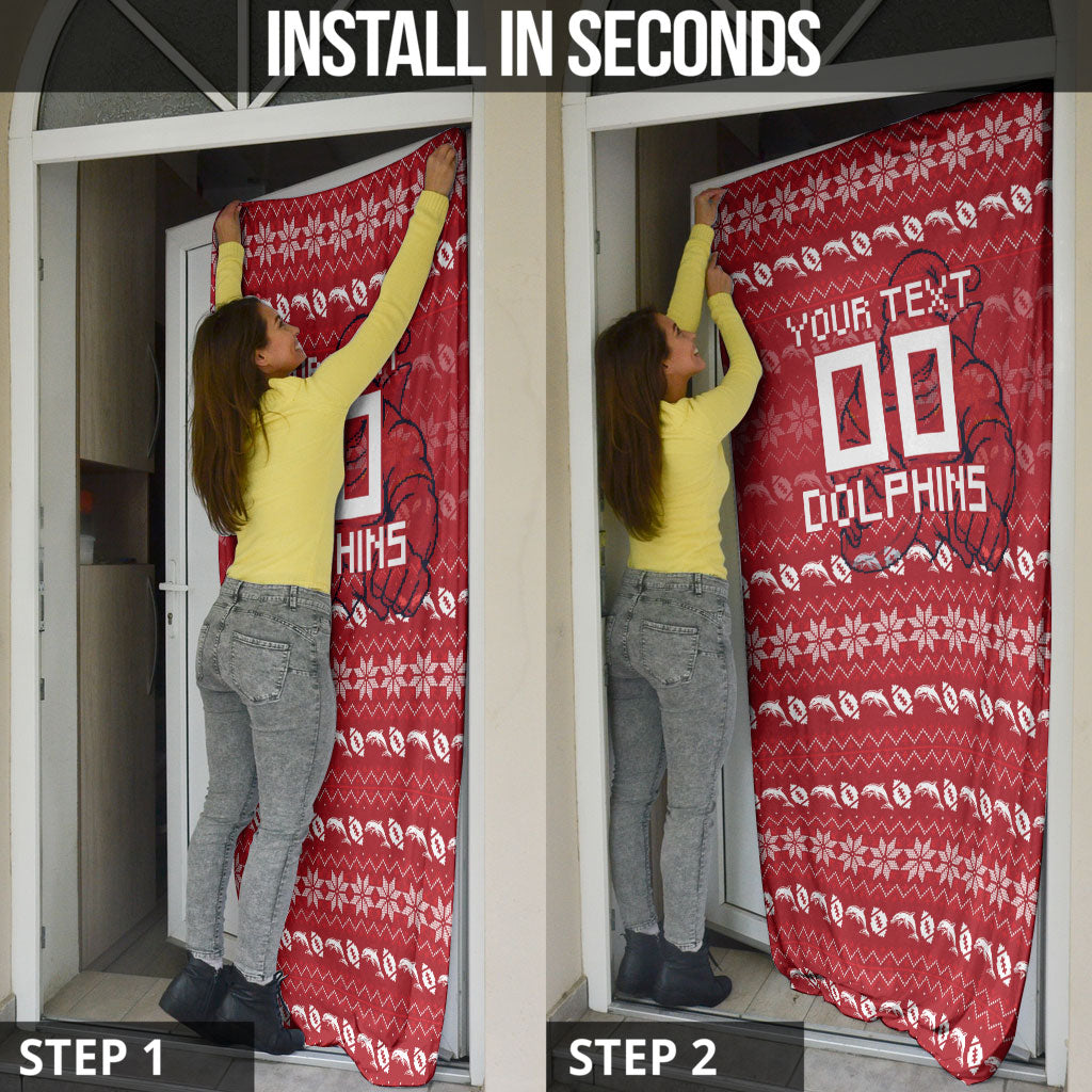 Personalized Dolphins Christmas Door Cover Australian Rugby Fans - Pixelated Ugly Xmas Pattern Mascot Santa