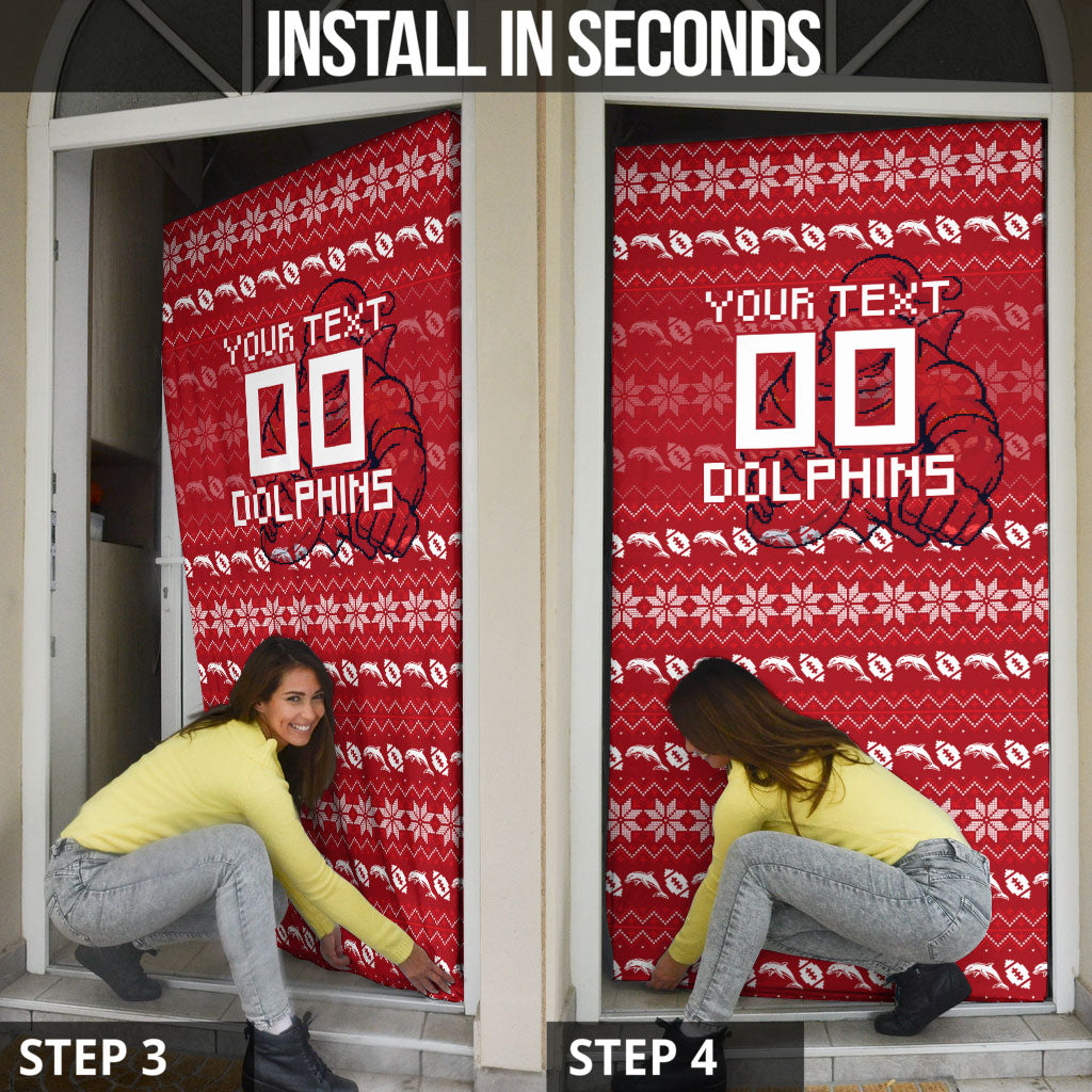 Personalized Dolphins Christmas Door Cover Australian Rugby Fans - Pixelated Ugly Xmas Pattern Mascot Santa