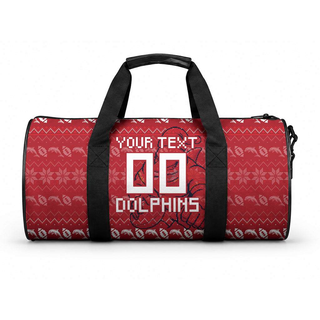 Personalized Dolphins Christmas Duffle Bag Australian Rugby Fans - Pixelated Ugly Xmas Pattern Mascot Santa