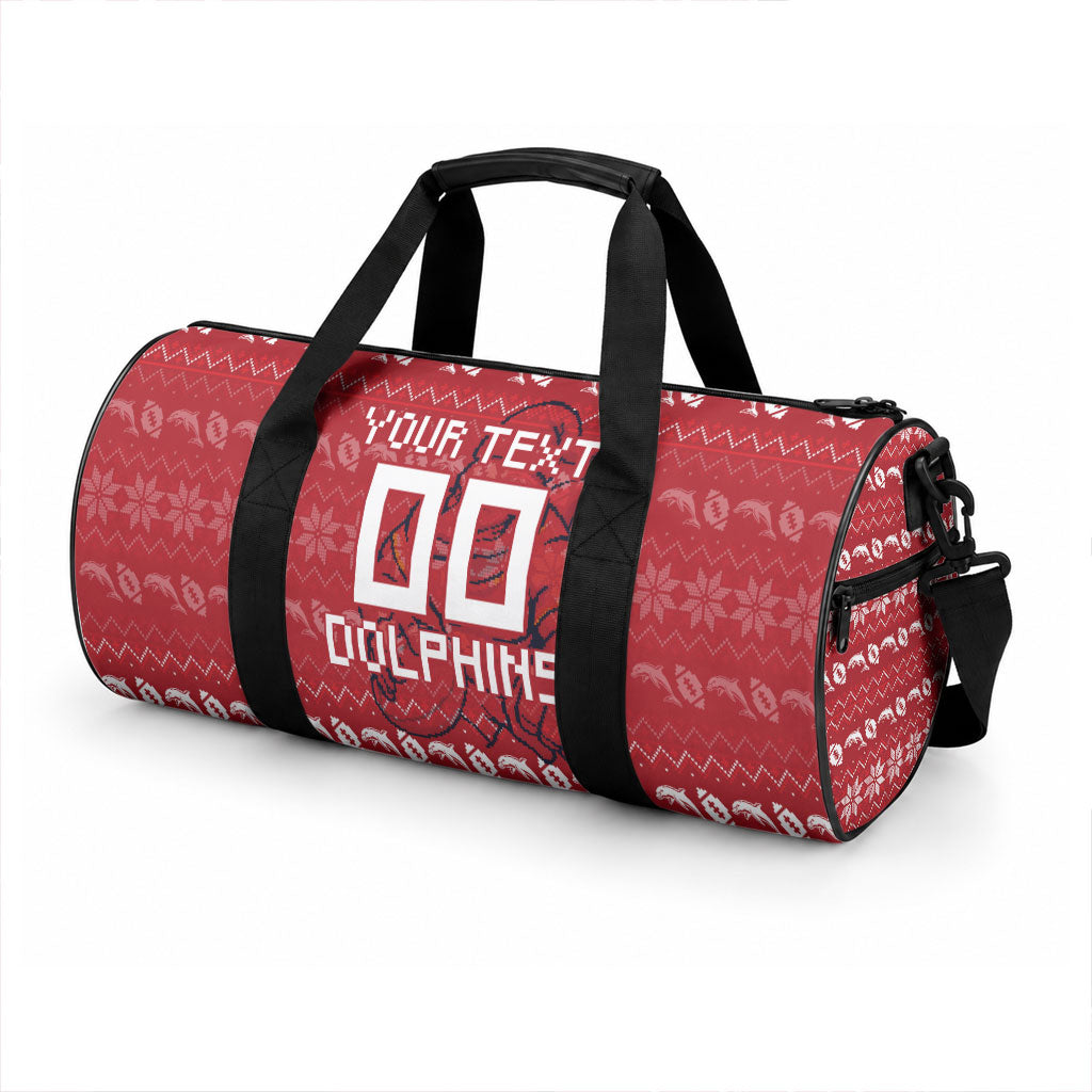 Personalized Dolphins Christmas Duffle Bag Australian Rugby Fans - Pixelated Ugly Xmas Pattern Mascot Santa