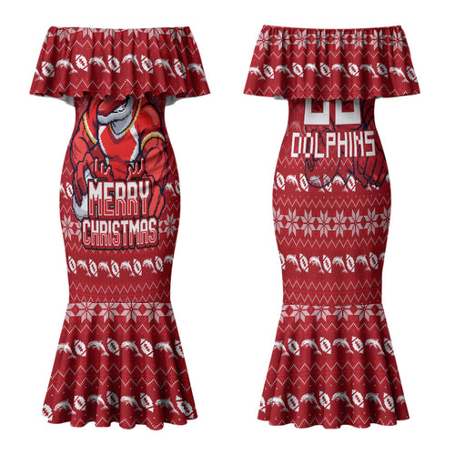 Personalized Dolphins Christmas Family Matching Mermaid Dress and Hawaiian Shirt Australian Rugby Fans - Pixelated Ugly Xmas Pattern Mascot Santa