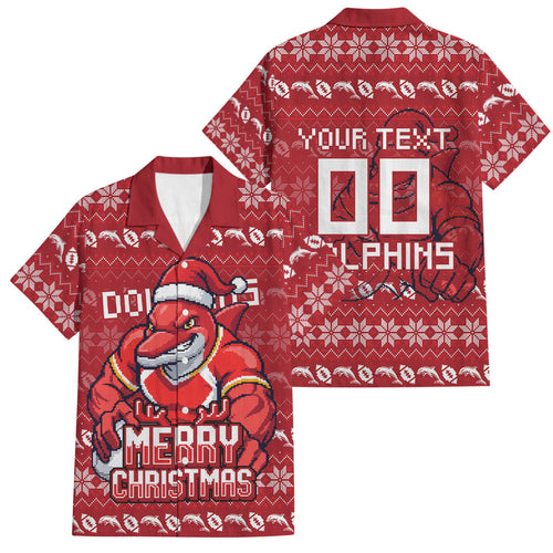 Personalized Dolphins Christmas Family Matching Mermaid Dress and Hawaiian Shirt Australian Rugby Fans - Pixelated Ugly Xmas Pattern Mascot Santa