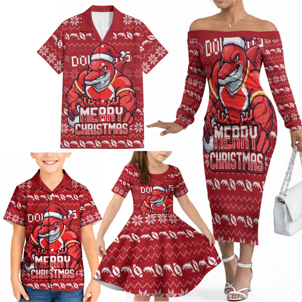 Personalized Dolphins Christmas Family Matching Off The Shoulder Long Sleeve Dress and Hawaiian Shirt Australian Rugby Fans - Pixelated Ugly Xmas Pattern Mascot Santa
