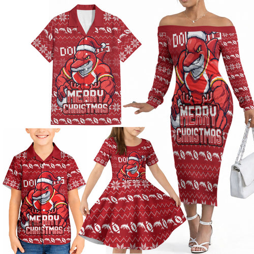 Personalized Dolphins Christmas Family Matching Off The Shoulder Long Sleeve Dress and Hawaiian Shirt Australian Rugby Fans - Pixelated Ugly Xmas Pattern Mascot Santa
