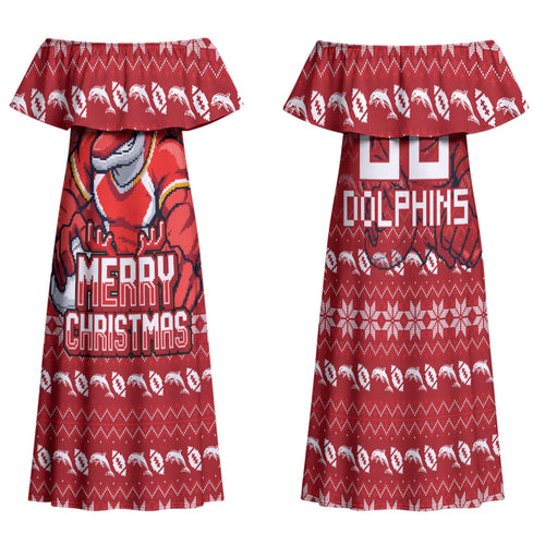Personalized Dolphins Christmas Family Matching Off Shoulder Maxi Dress and Hawaiian Shirt Australian Rugby Fans - Pixelated Ugly Xmas Pattern Mascot Santa