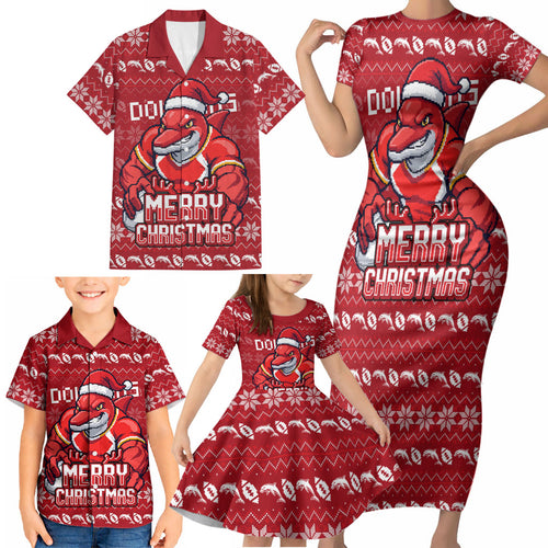 Personalized Dolphins Christmas Family Matching Short Sleeve Bodycon Dress and Hawaiian Shirt Australian Rugby Fans - Pixelated Ugly Xmas Pattern Mascot Santa